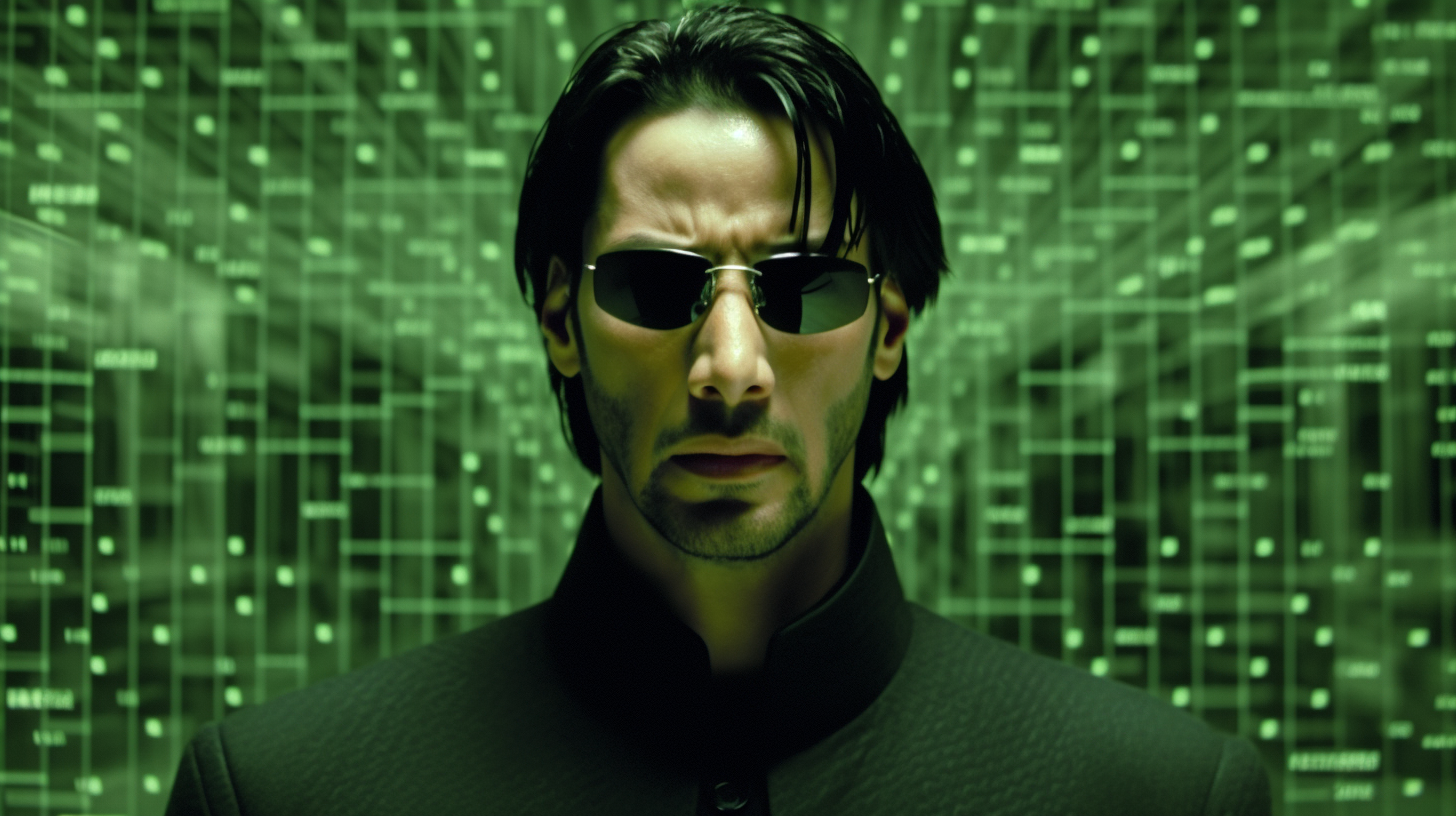 An AI-generated image of Keanu Reaves in The Matrix